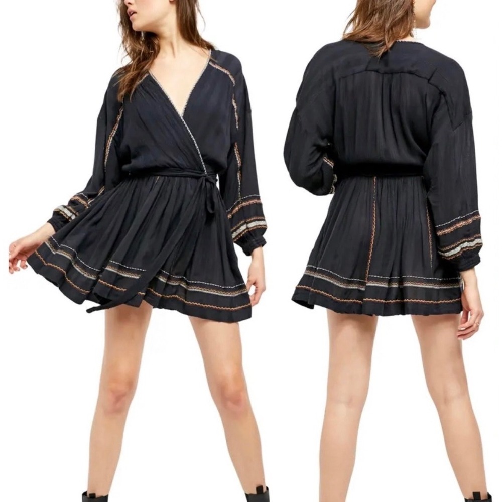 Free People Delilah Embroidered Wrap Mini Dress Womens S Plum-Purple Boho Gauze